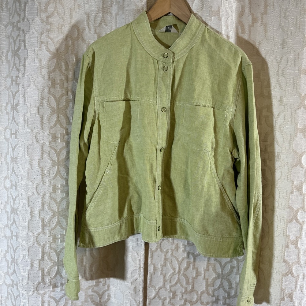 JJill Lime Green Linen Blend Cropped Pearl Snap Buttons Closure Jacket Size XL